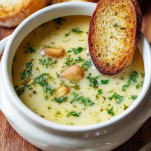 The Best French Garlic Soup Recipe 17 A bowl of creamy French garlic soup garnished with whole softened garlic cloves and chopped herbs, served with a slice of toasted bread resting on the rim.