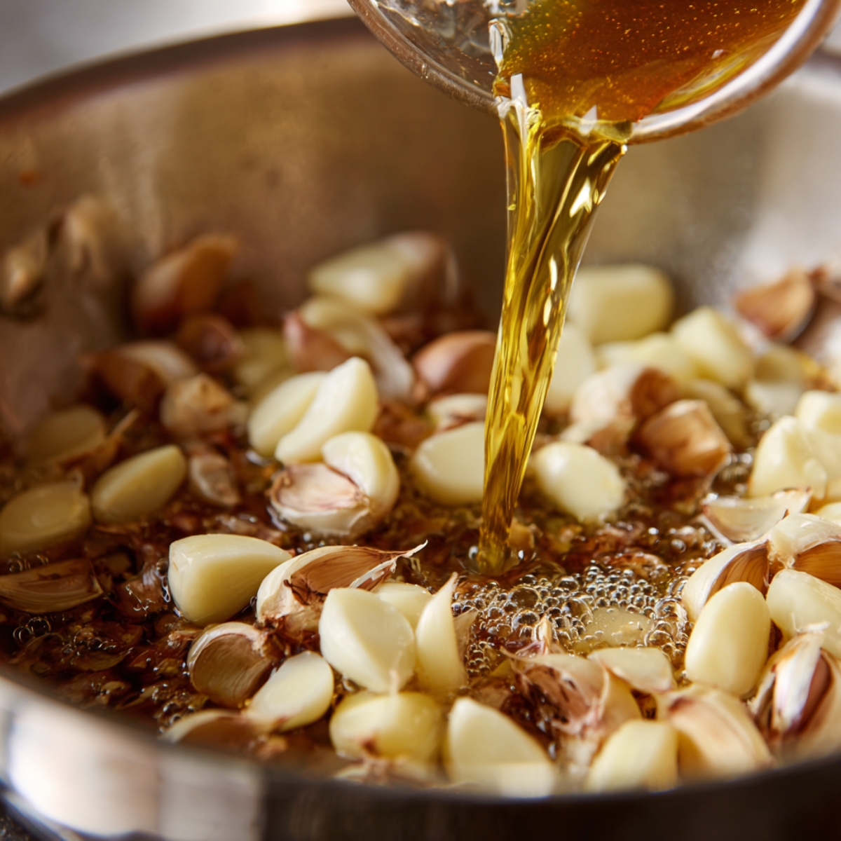 The Best French Garlic Soup Recipe 10 A pan filled with whole garlic cloves while a stream of broth or oil is poured in, creating bubbling liquid around the cloves.