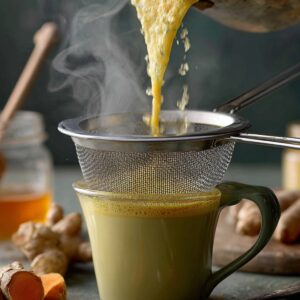 Delicious Golden Milk Recipe In 10 Minutes 15 Freshly cooked golden milk being strained through a fine-mesh sieve into a mug, with steam rising and fresh turmeric, ginger, and a jar of honey visible in the background.