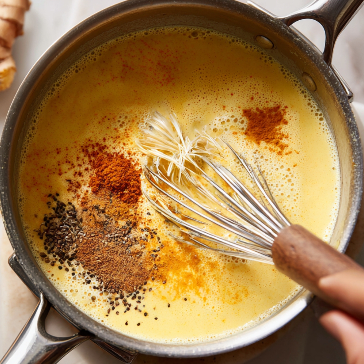 Delicious Golden Milk Recipe In 10 Minutes 10 A saucepan of warm milk mixed with turmeric, cinnamon, ginger, and black pepper, being whisked together with fresh ginger root and ground spices arranged nearby.