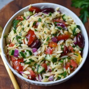 Healthy Greek Orzo Salad Recipe 15 A colorful bowl of Greek orzo salad with cherry tomatoes, cucumbers, Kalamata olives, red onions, parsley, and orzo pasta tossed in vinaigrette.