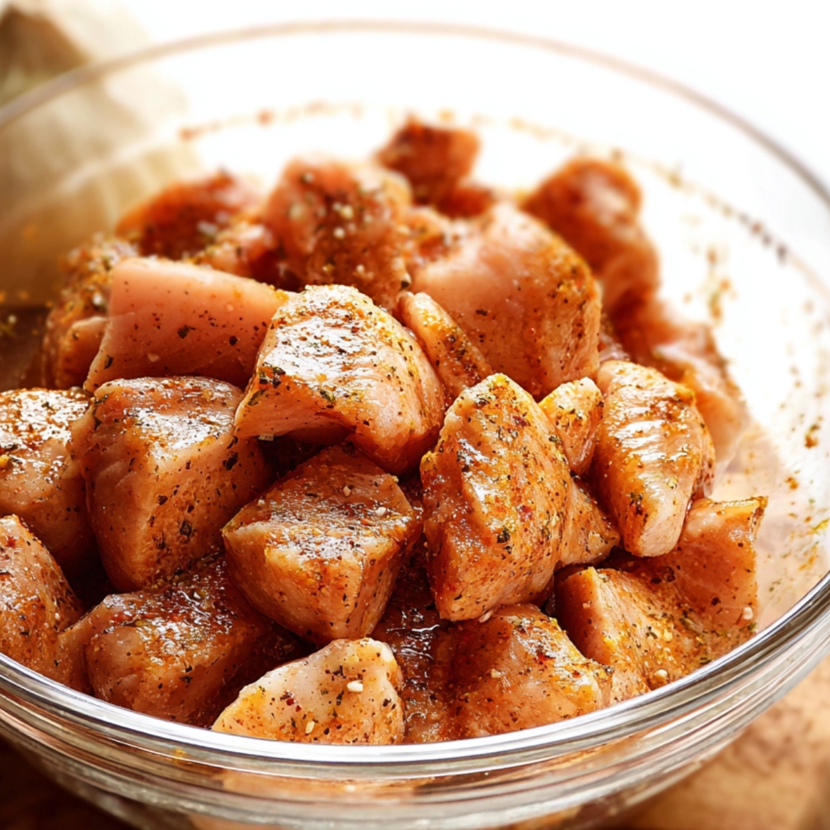 Easy Grilled Chicken Kabobs | Juicy & Ready in 30 Minutes 10 Marinated chicken chunks coated in spices, ready to be skewered for grilling, with a rich, flavorful seasoning mix