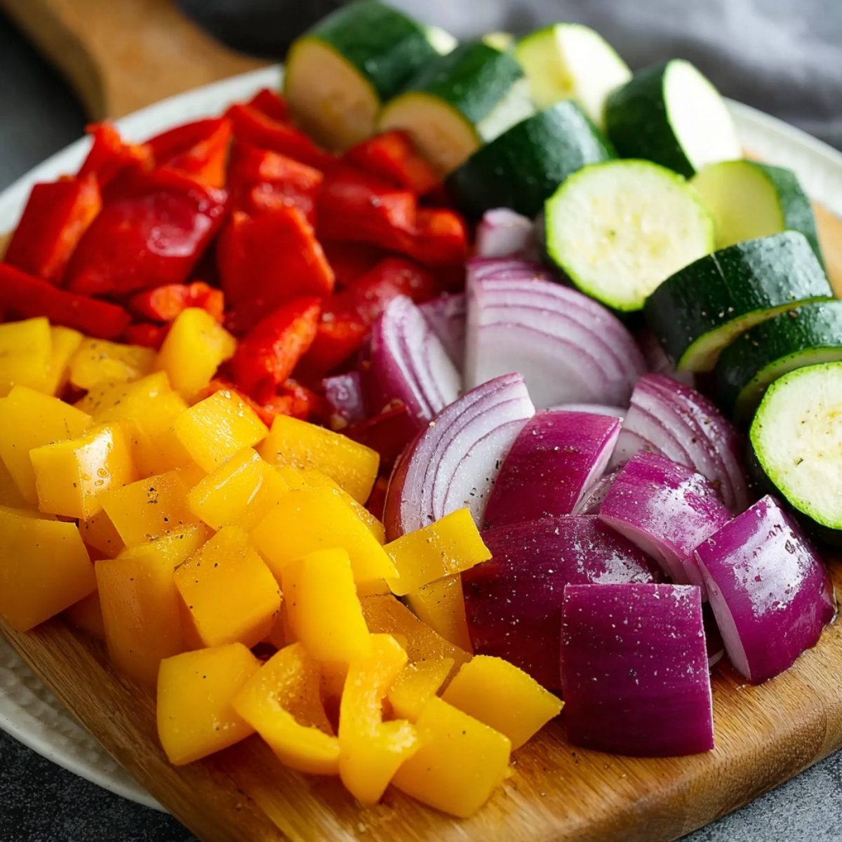 Easy Grilled Chicken Kabobs | Juicy & Ready in 30 Minutes 11 Close-up shot of diced vegetables including red and yellow bell peppers, zucchini, and red onion, prepped and ready for skewering.