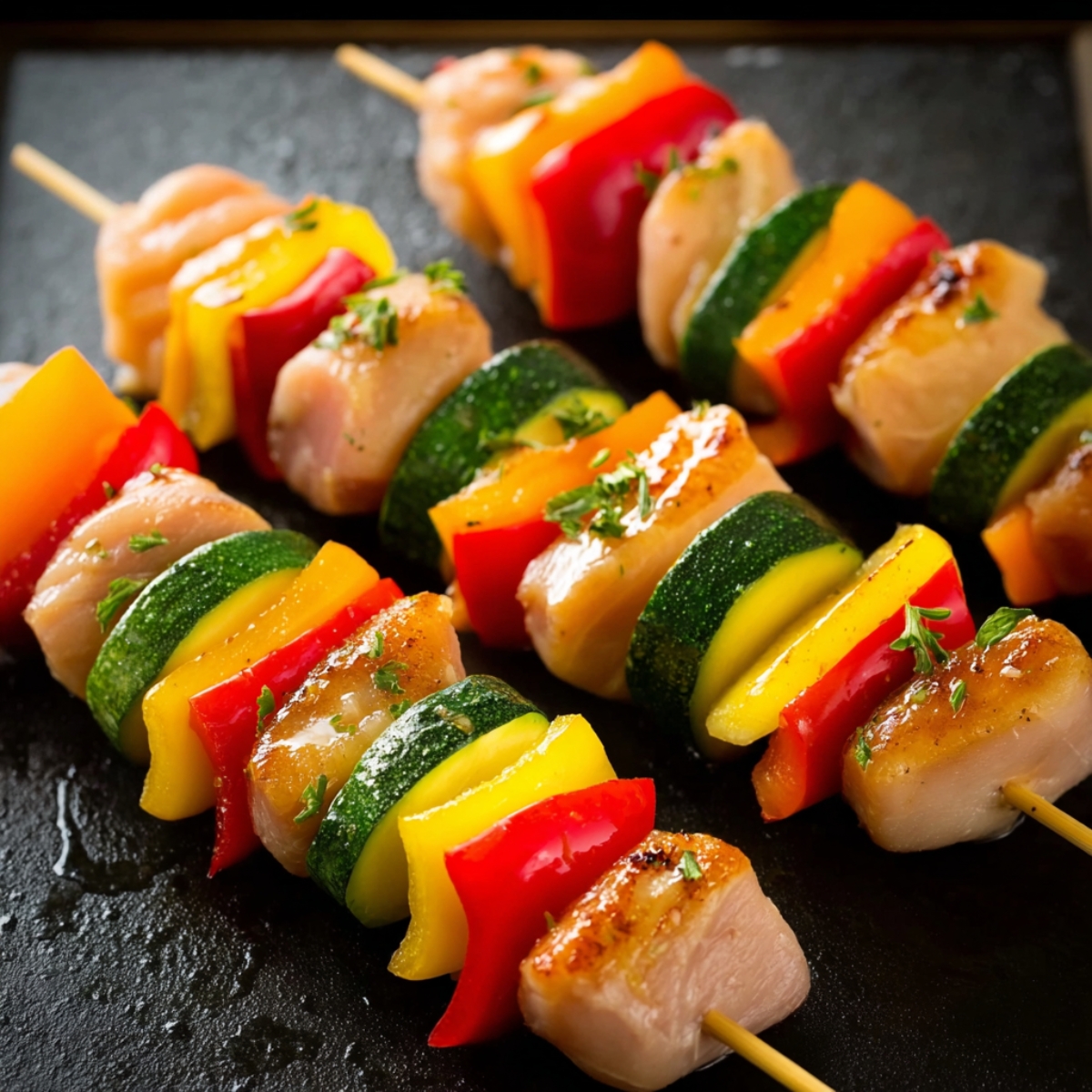 Easy Grilled Chicken Kabobs | Juicy & Ready in 30 Minutes 12 Fresh chicken kabobs with chunks of chicken, colorful bell peppers, and zucchini, arranged on skewers, ready to be cooked