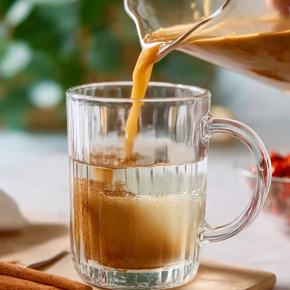 Hot Buttered Rum Recipe | Easy 10-Minute Winter Cocktail 11 Spiced rum mixture being poured into a glass mug with hot water, cinnamon sticks resting on a wooden board beside the mug.