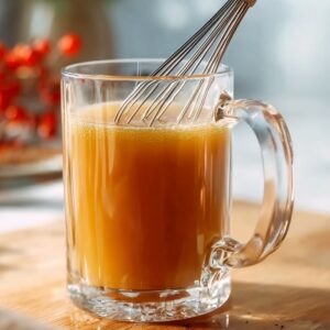 Hot Buttered Rum Recipe | Easy 10-Minute Winter Cocktail 16 Clear glass mug of hot buttered rum being stirred with a metal whisk, showing a smooth amber-colored drink on a wooden surface.