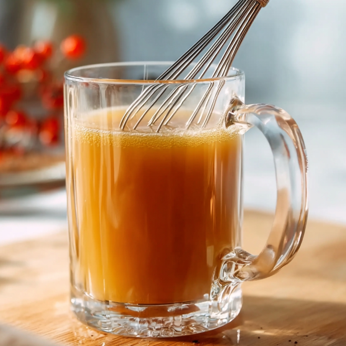 Hot Buttered Rum Recipe | Easy 10-Minute Winter Cocktail 12 Clear glass mug of hot buttered rum being stirred with a metal whisk, showing a smooth amber-colored drink on a wooden surface.
