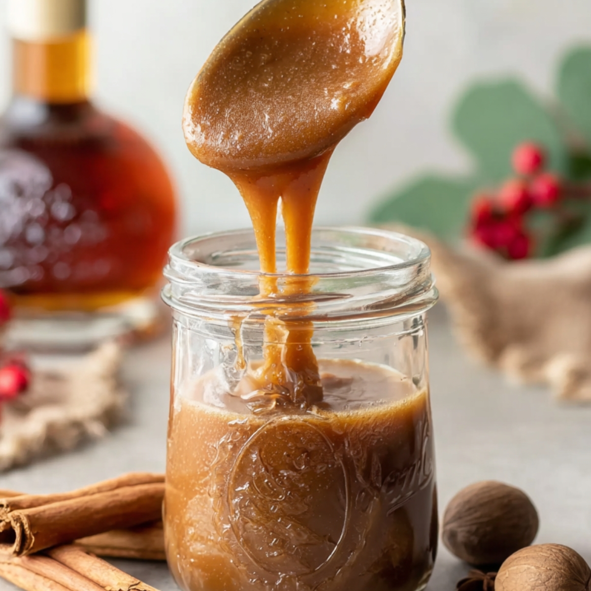 Hot Buttered Rum Recipe | Easy 10-Minute Winter Cocktail 10 Spoon lifting thick hot buttered rum batter from a glass jar, with cinnamon sticks, nutmeg, and a bottle of rum in the background.