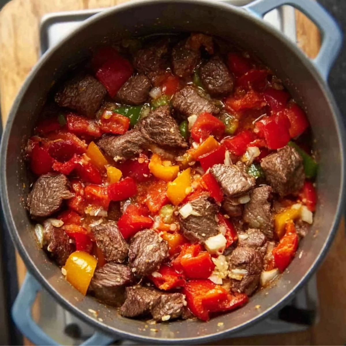 Easy Hungarian Goulash Recipe | Traditional Paprika Beef 11 Top-down view of a pot with browned beef chunks mixed with chopped red, yellow, and green bell peppers and onions while cooking.
