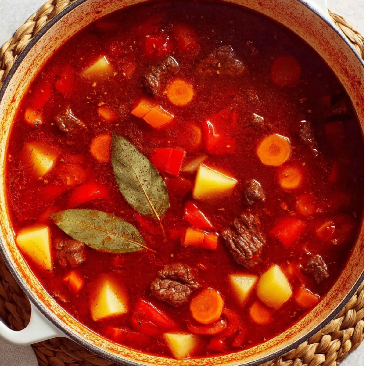 Easy Hungarian Goulash Recipe | Traditional Paprika Beef 12 Close-up of a rustic beef stew with tender meat, potatoes, carrots, and herbs simmering in a rich red paprika-based broth.