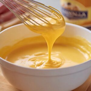 Filipino Leche Flan Recipe (Silky & Easy!) - 5 Ingredients 16 Whisk lifting thick yellow custard mixture from a bowl while preparing leche flan.