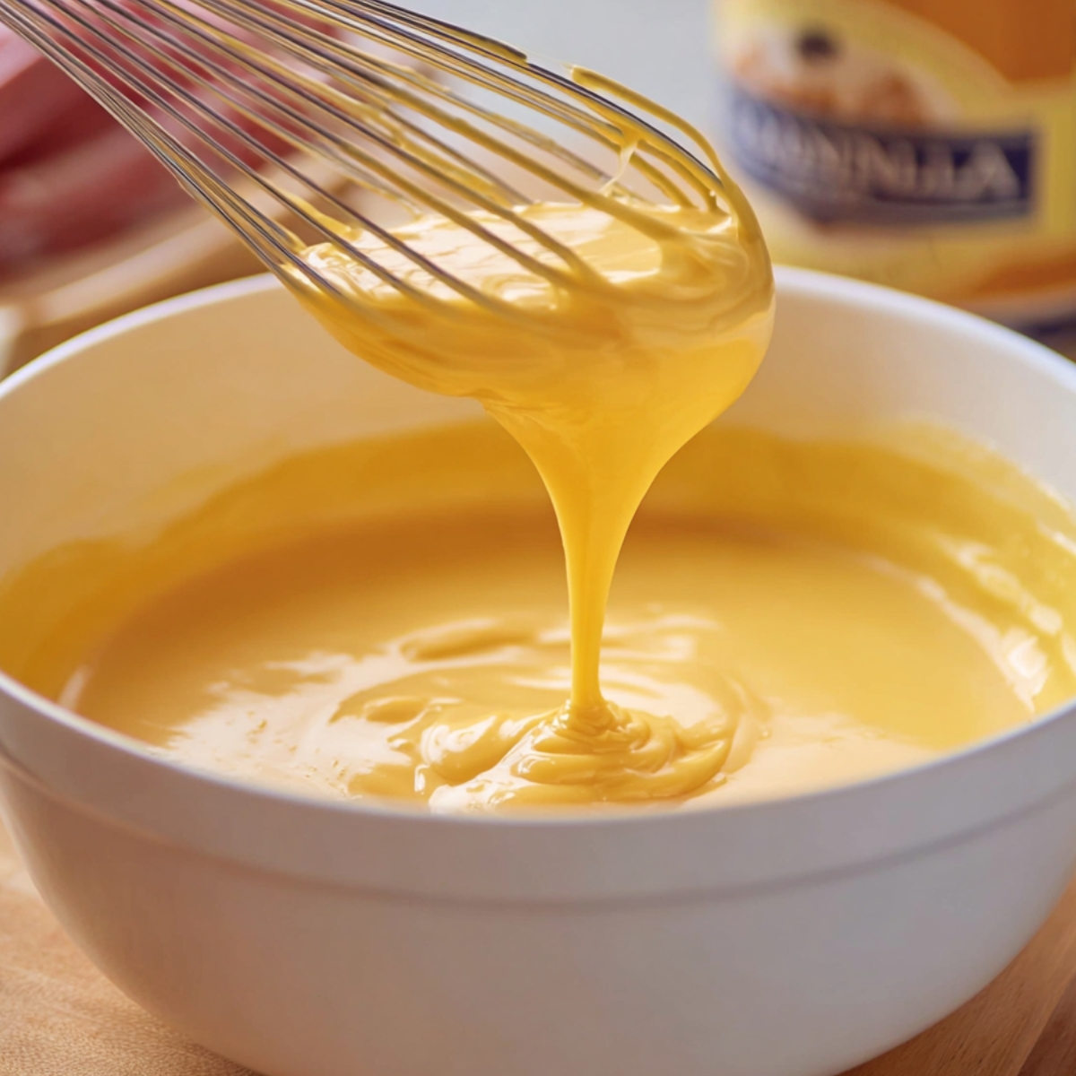 Filipino Leche Flan Recipe (Silky & Easy!) - 5 Ingredients 11 Whisk lifting thick yellow custard mixture from a bowl while preparing leche flan.