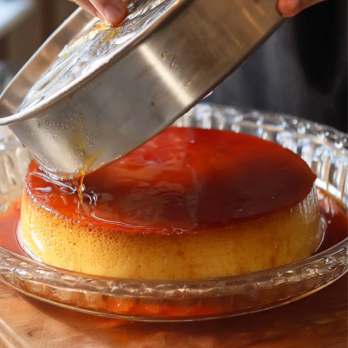 Filipino Leche Flan Recipe (Silky & Easy!) - 5 Ingredients 13 Hands flipping a metal pan to release a caramel-topped leche flan onto a glass plate.