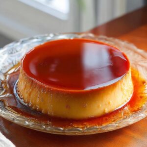 Filipino Leche Flan Recipe (Silky & Easy!) - 5 Ingredients 19 Glossy caramel-topped leche flan served whole on a clear glass plate.