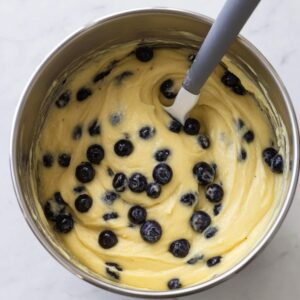 Lemon Blueberry Cupcakes Recipe (Moist & Easy!) 16 Freshly baked lemon blueberry cupcakes cooling in a muffin pan lined with white paper liners, with golden tops and visible blueberry spots.