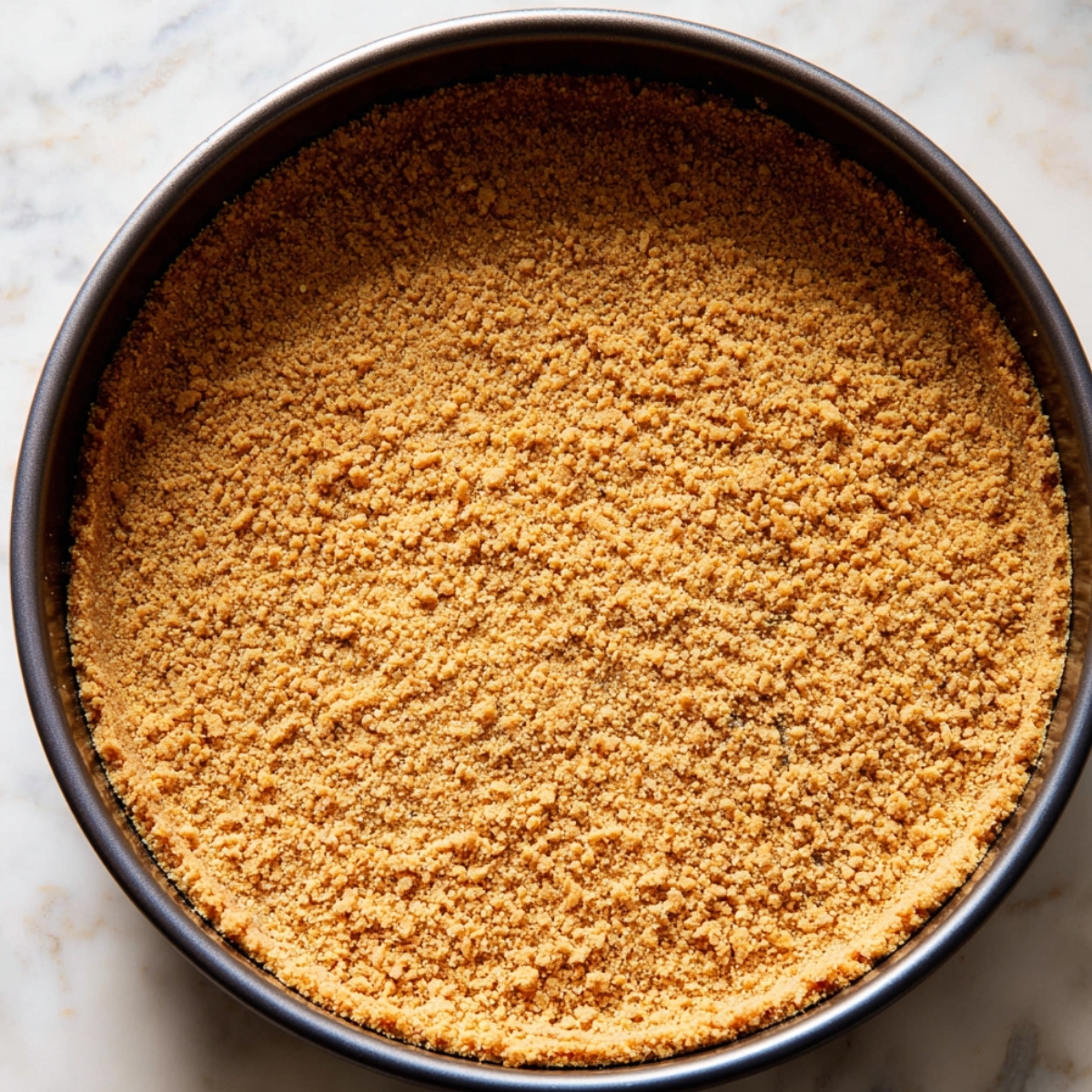 Best Lemon Cheesecake Recipe 10 Close-up overhead shot of a golden graham cracker crust pressed into a round springform pan.