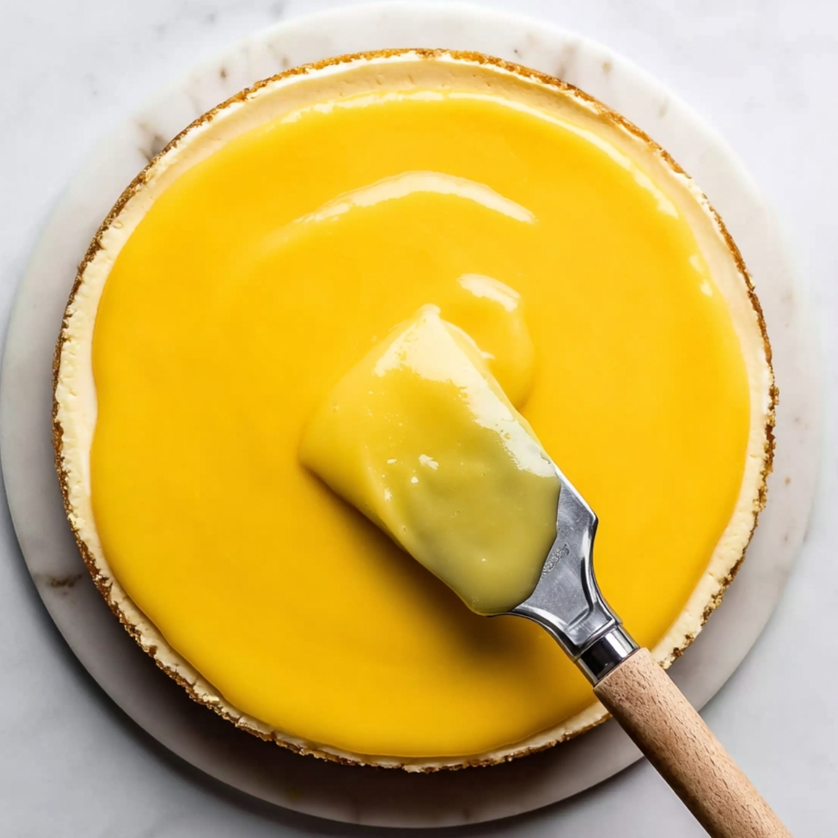 Best Lemon Cheesecake Recipe 13 Top-down view of lemon curd being spread across a baked cheesecake with a metal offset spatula