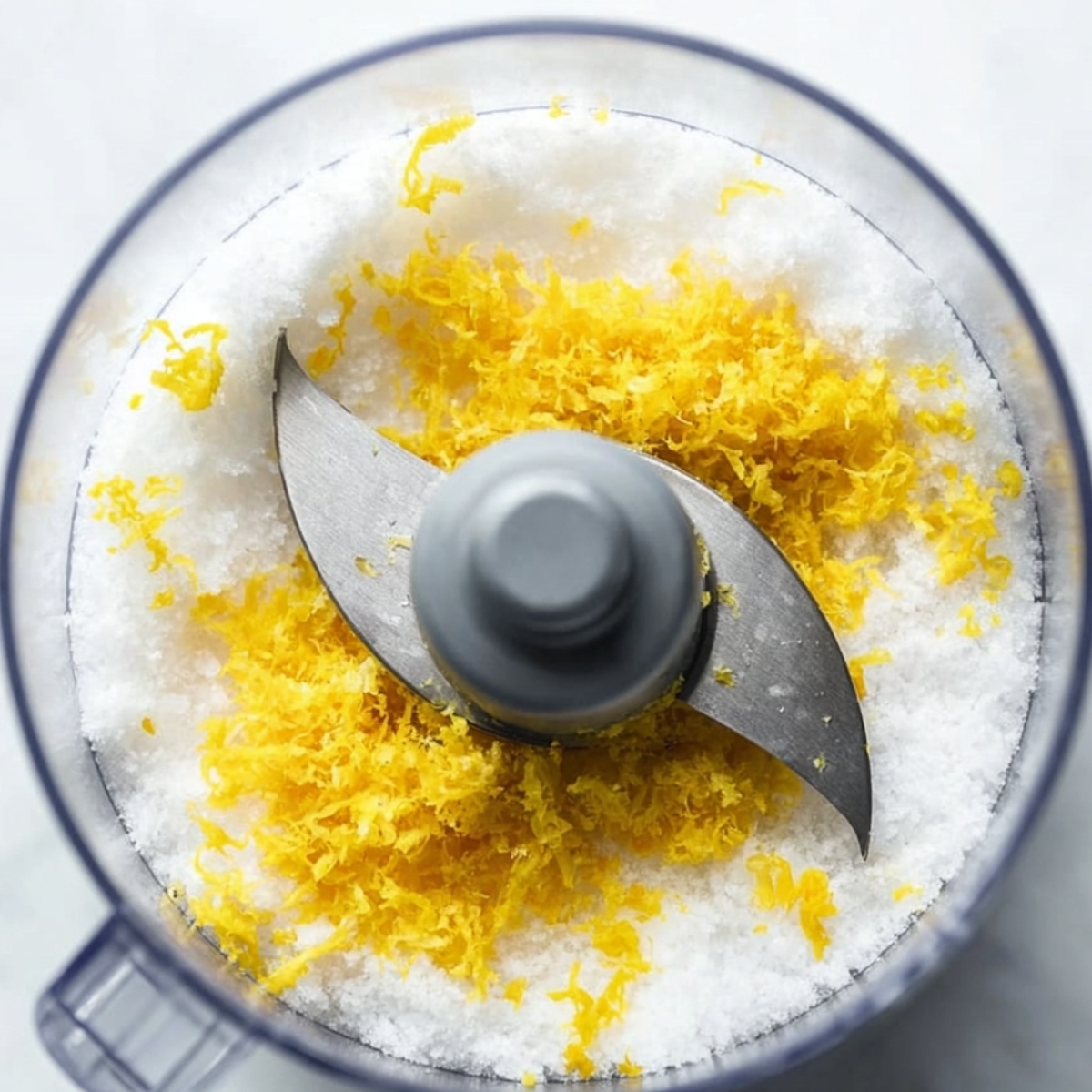 Best Lemon Cheesecake Recipe 11 Overhead view of a food processor filled with granulated sugar and fresh lemon zest before mixing.