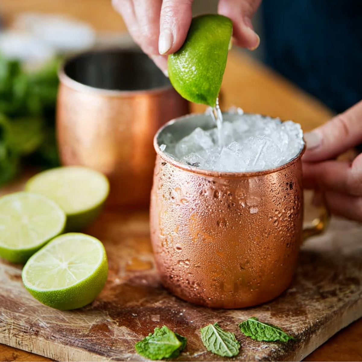 Best Moscow Mule Recipe in 5 Minutes | Easy Vodka Cocktail 11 Fresh lime juice being squeezed into a copper mug filled with ice while making a Moscow Mule cocktail.