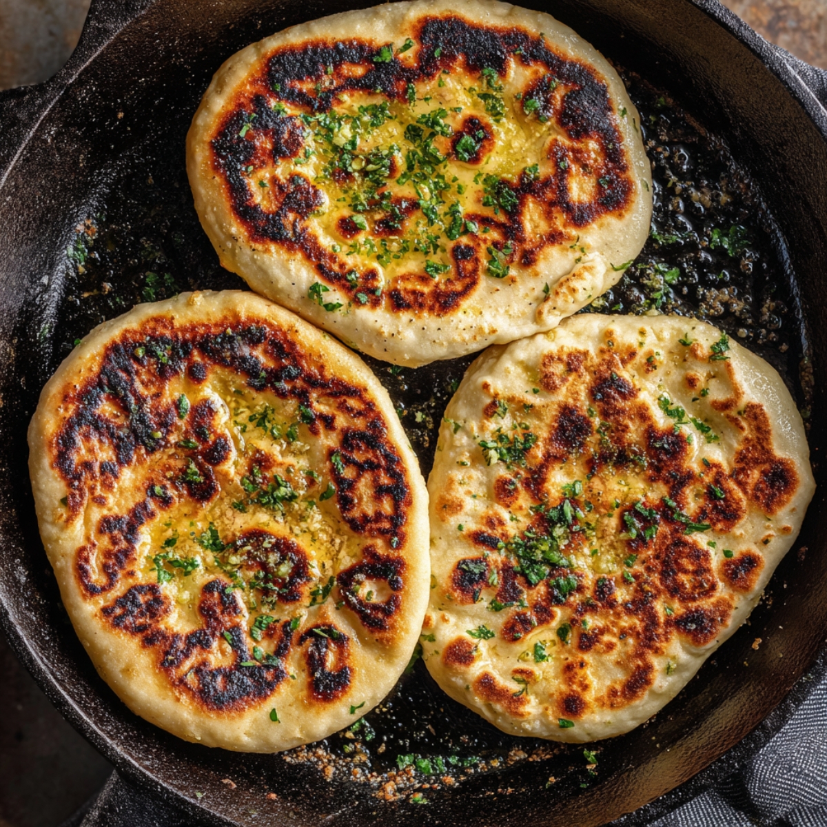 Healthy Naan Bread Recipe 12 Alt text: Garlic naan cooking in a cast-iron skillet, topped with melted butter and fresh herbs with golden char marks.