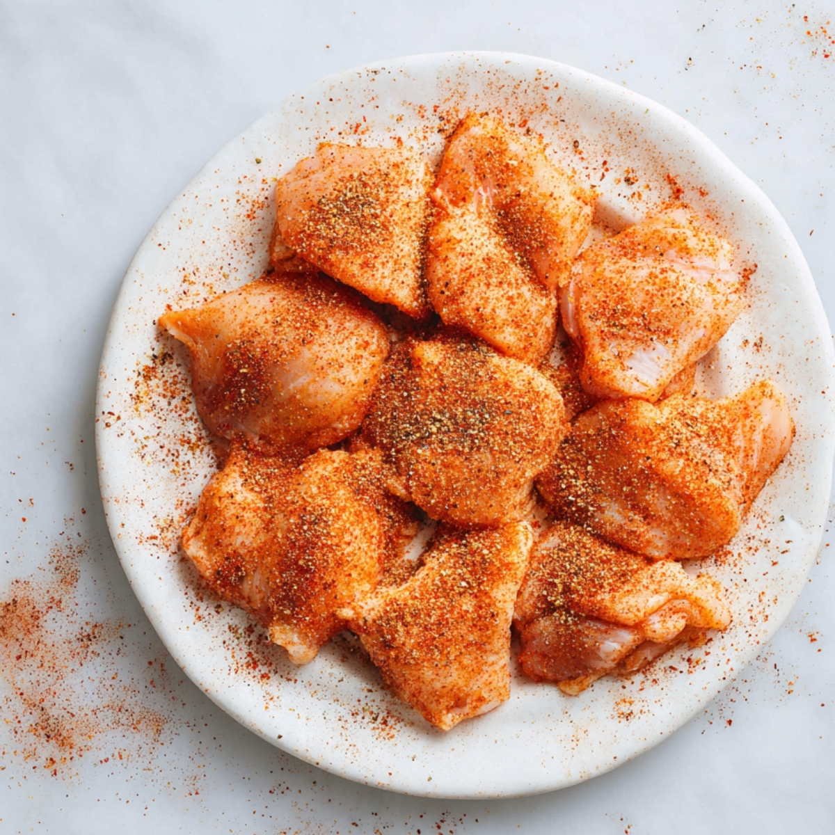 Nigerian Chicken Stew 10 Raw chicken pieces coated in orange-red spice seasoning arranged on a white plate, paprika and spice rub visible, minimal background, overhead flat lay, bright natural light, clean food prep photography