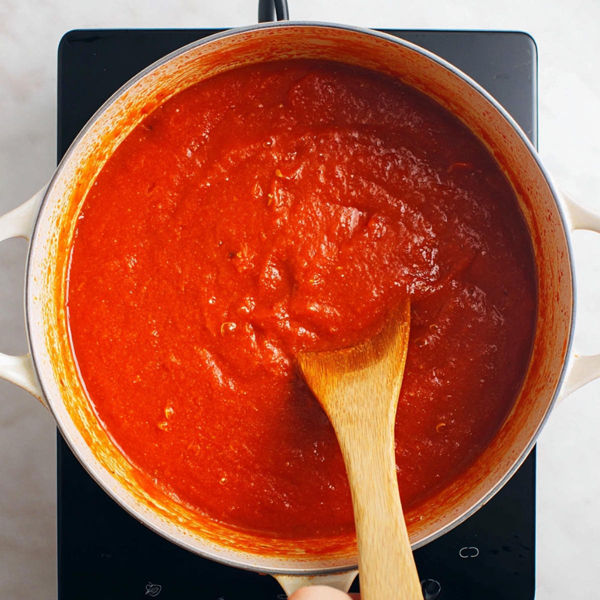 Nigerian Chicken Stew 11 A wooden spoon stirring thick Nigerian red pepper stew in a wide pot, smooth blended tomato and pepper sauce, rich red color, overhead view, clean modern stovetop, high-detail cooking process shot