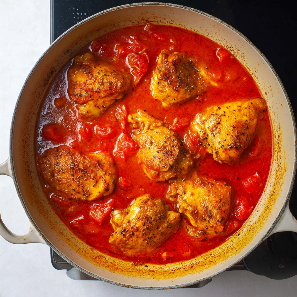 Nigerian Chicken Stew 12 Chicken pieces simmering in a vibrant red tomato pepper stew inside a light-colored Dutch oven, glossy oily surface, overhead cooking shot, bright kitchen lighting, realistic home-cooked African food photography