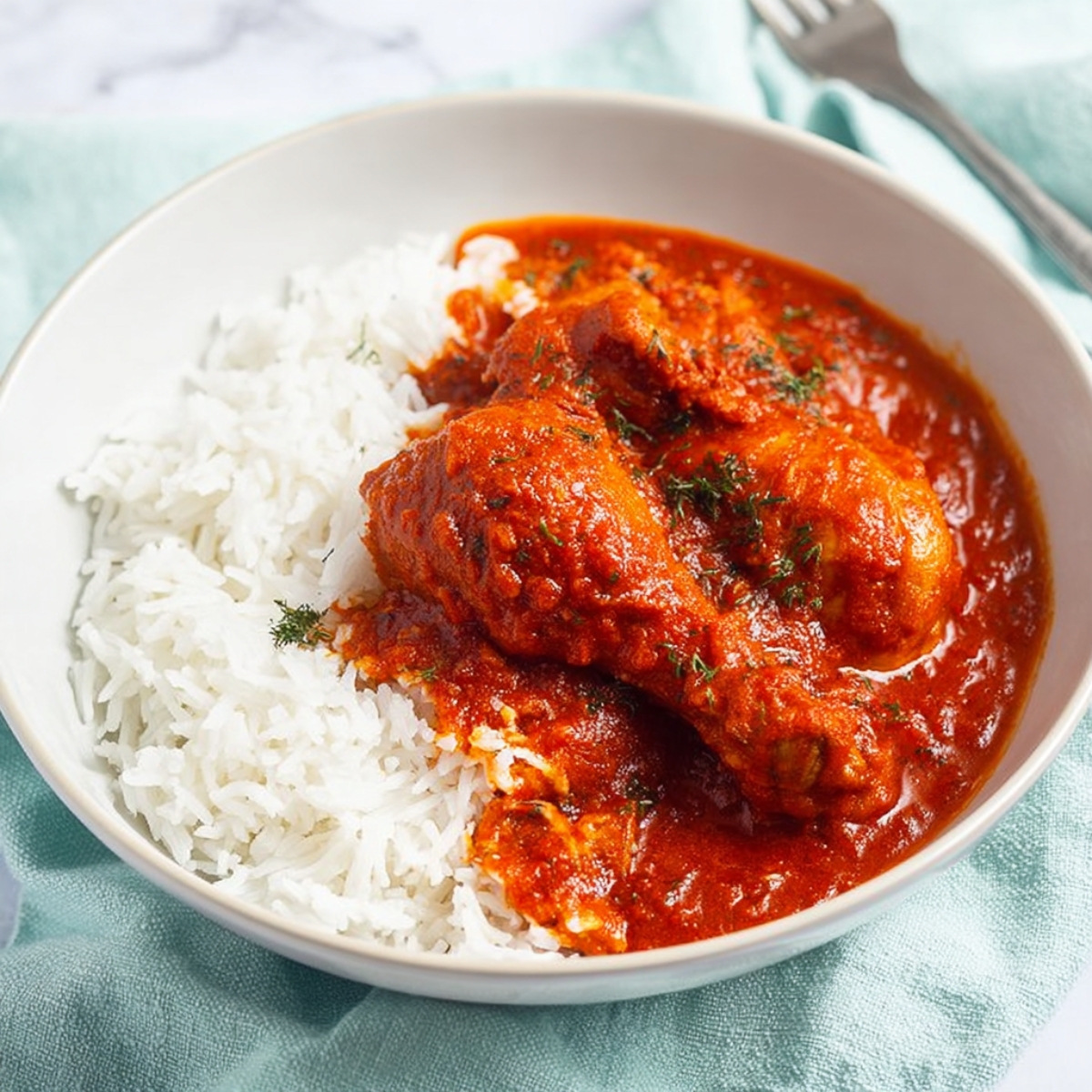 A bowl of Nigerian red stew served over fluffy white rice, rich deep red tomato pepper sauce coating tender chicken pieces, clean white background, soft natural light, minimal food styling, close-up food photography