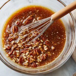 Easy Homemade Pecan Tassies Recipe 15 "A glass mixing bowl filled with a brown sugary mixture and chopped pecans, being whisked with a metal whisk. The mixture looks glossy and thick, ready for baking."