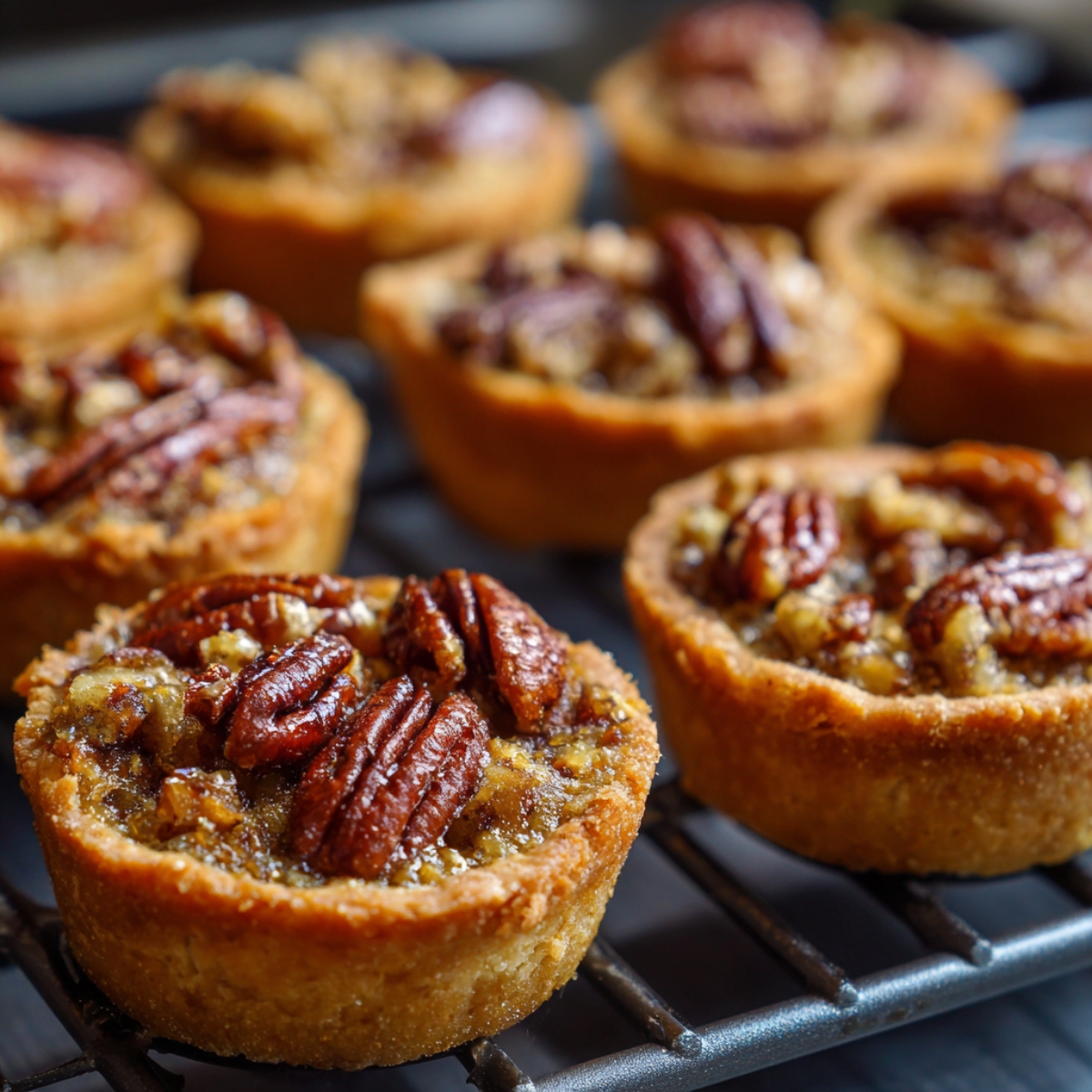 Easy Homemade Pecan Tassies Recipe 12 "Mini pecan tarts cooling on a wire rack, each filled with a caramelized pecan mixture. The toasted pecans on top give the tarts a rich, textured appearance."
