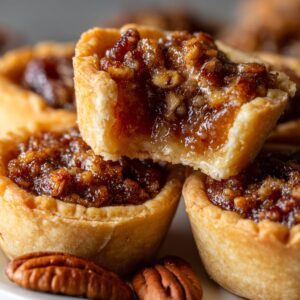 Easy Homemade Pecan Tassies Recipe 17 "Stacked mini pecan tarts with a bite taken out of the top one, revealing a gooey caramel-pecan filling inside the flaky golden crust."