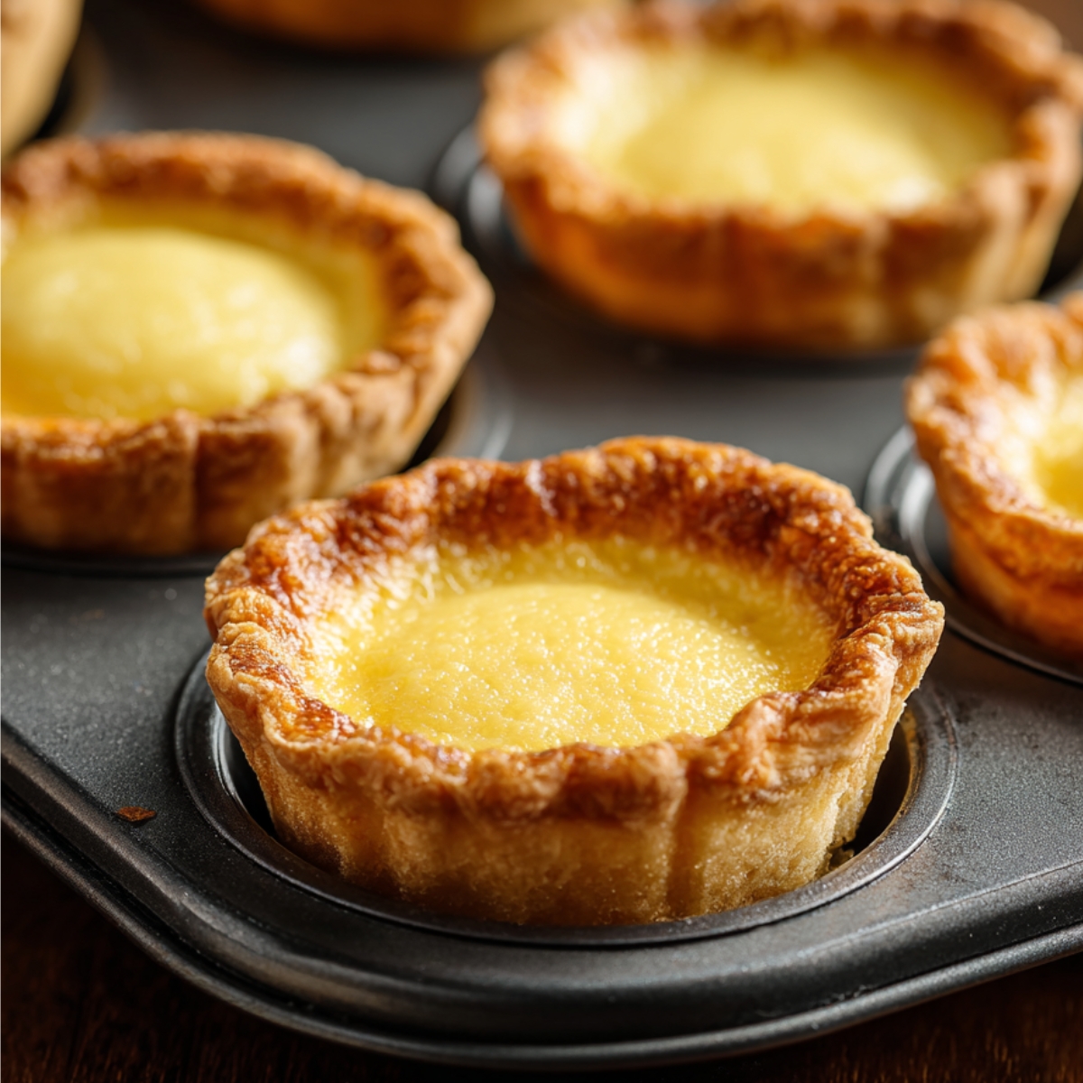 Easy Homemade Pecan Tassies Recipe 10 "Close-up view of freshly baked mini custard tarts inside a muffin tin. The golden crusts are slightly crimped, and the smooth yellow filling appears set and glossy.