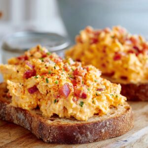 The Best Pimento Cheese Recipe 17 Two slices of toasted bread topped generously with creamy pimento cheese, garnished with diced pimentos and herbs, served on a wooden board