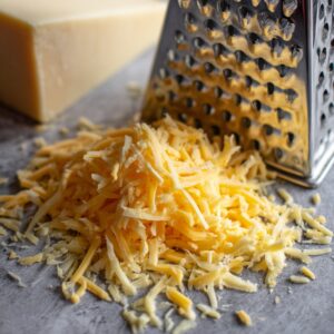 The Best Pimento Cheese Recipe 14 Pile of freshly grated cheddar cheese beside a box grater and a block of cheddar on a kitchen counter