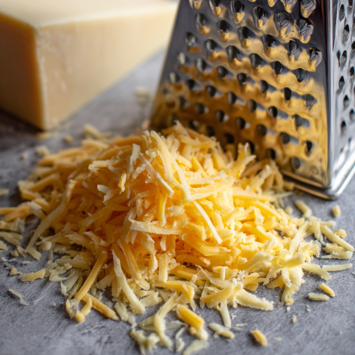 The Best Pimento Cheese Recipe 10 Pile of freshly grated cheddar cheese beside a box grater and a block of cheddar on a kitchen counter