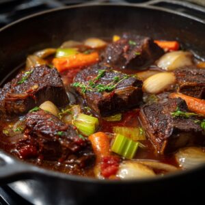 Healthy Short Ribs Recipe 15 Short ribs braising in a cast-iron pot with onions, carrots, celery, tomato, and herbs, surrounded by a hearty, bubbling broth.