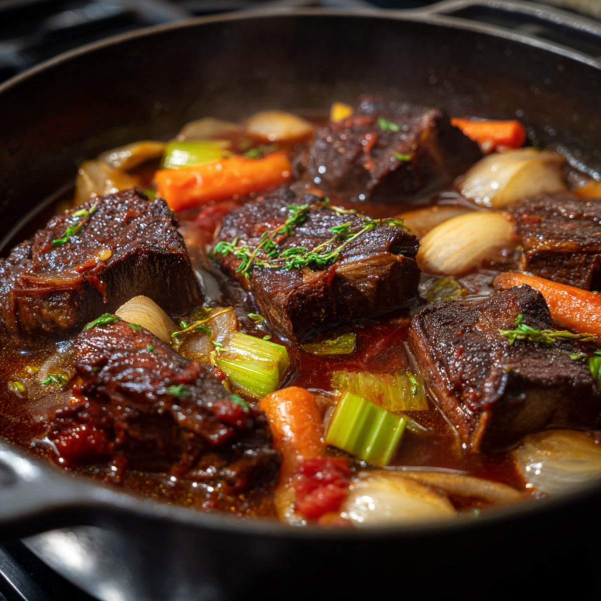 Healthy Short Ribs Recipe 11 Short ribs braising in a cast-iron pot with onions, carrots, celery, tomato, and herbs, surrounded by a hearty, bubbling broth.