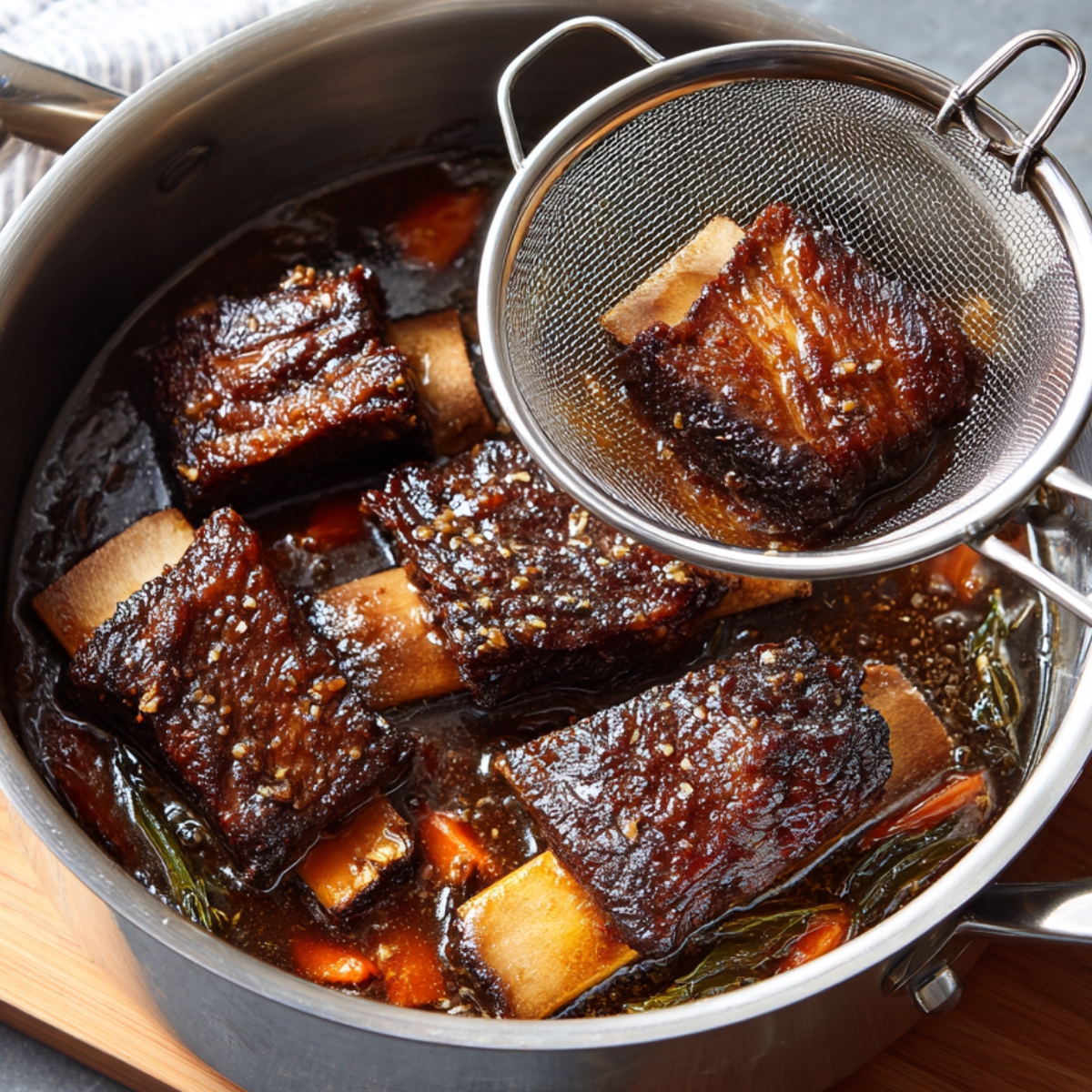Healthy Short Ribs Recipe 12 Tender braised short ribs simmering in a pot with carrots, garlic, herbs, and a deep, flavorful sauce, with one rib lifted using a fine-mesh strainer.