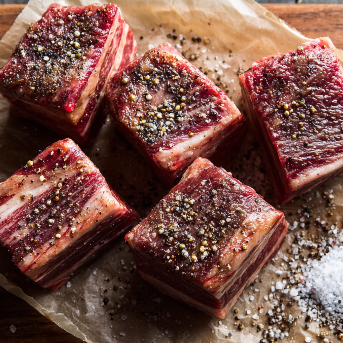 Healthy Short Ribs Recipe 10 Raw, well-marbled beef short ribs seasoned generously with coarse salt and cracked black pepper on parchment paper.