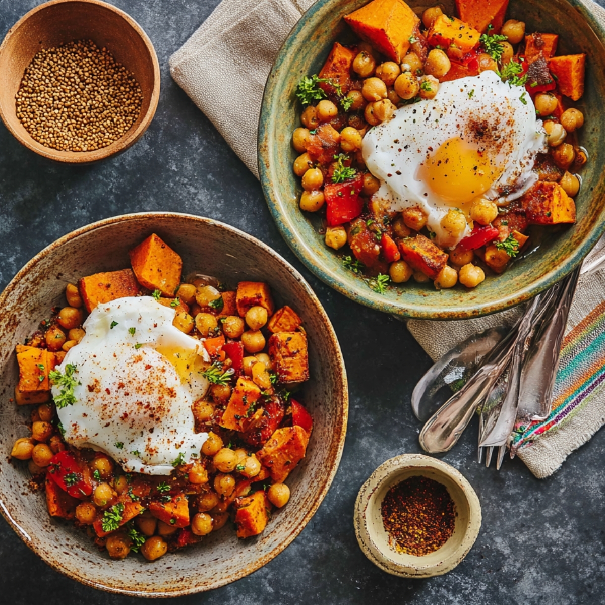 Easy Sweet Potato Hash Recipe | 5 Simple Ingredients 12 A top-down food photography shot of a sweet potato and chickpea hash served in rustic ceramic bowls, topped with a perfectly poached egg, warm spices, vibrant colors, natural light, cozy breakfast styling, high detail, editorial food photography.