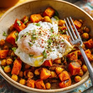 Easy Sweet Potato Hash Recipe | 5 Simple Ingredients 16 A close-up shot of a sweet potato chickpea hash topped with a poached egg, visible spices and herbs, fork resting in the bowl, shallow depth of field, cozy brunch vibe, professional food photography.