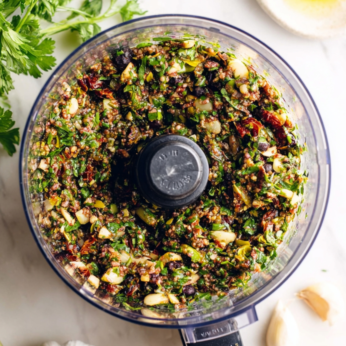 10-Minute Olive Tapenade Recipe | Bold & Easy Appetizer 11 Top-down view of freshly blended olive tapenade inside a food processor, showing a coarse texture with herbs, garlic, and olives.
