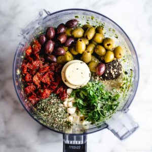 10-Minute Olive Tapenade Recipe | Bold & Easy Appetizer 13 Food processor bowl filled with olive tapenade ingredients before blending, including mixed olives, sun-dried tomatoes, garlic, herbs, and seasonings.