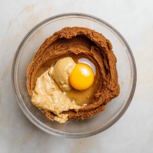 Healthy Tiramisu Cookies Recipe In 30 Minutes 15 A clear glass mixing bowl with a rich, smooth brown sugar-based dough and a fresh egg, ready to be mixed into the batter for tiramisu cookies.
