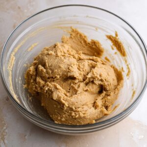 Healthy Tiramisu Cookies Recipe In 30 Minutes 16 A mixing bowl filled with thick, golden cookie dough, showing the consistency of a well-mixed tiramisu cookie dough, ready to be rolled into balls for baking.