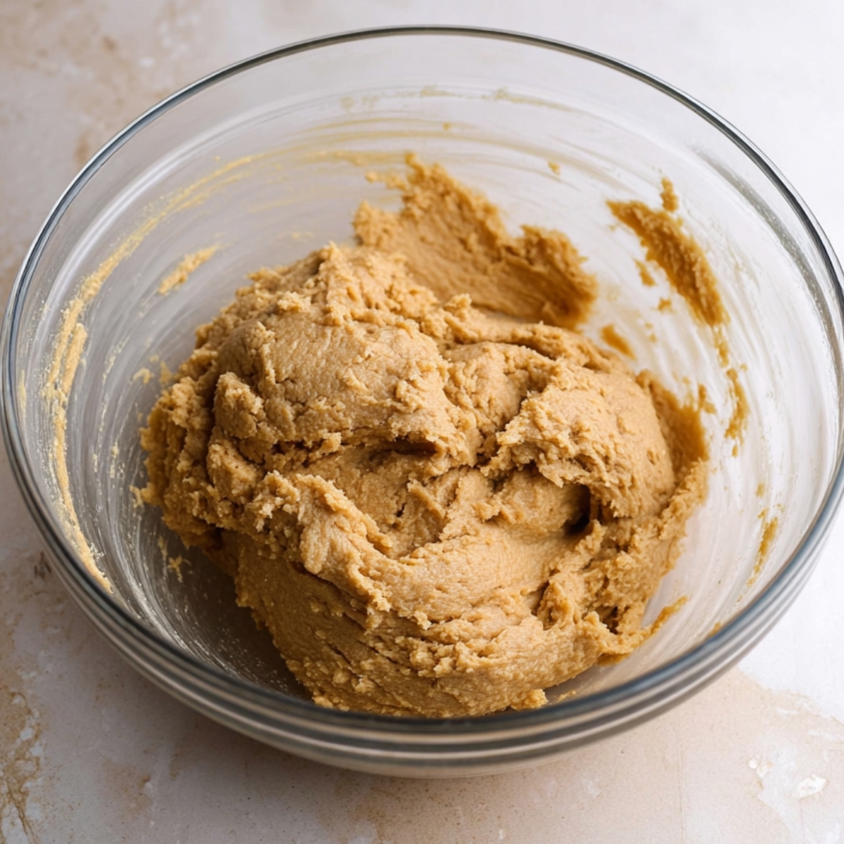 Healthy Tiramisu Cookies Recipe In 30 Minutes 11 A mixing bowl filled with thick, golden cookie dough, showing the consistency of a well-mixed tiramisu cookie dough, ready to be rolled into balls for baking.