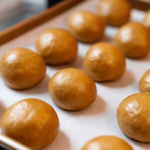 Healthy Tiramisu Cookies Recipe In 30 Minutes 17 A tray of perfectly round, smooth tiramisu cookie dough balls arranged on parchment paper, ready to be baked into delicious cookies.