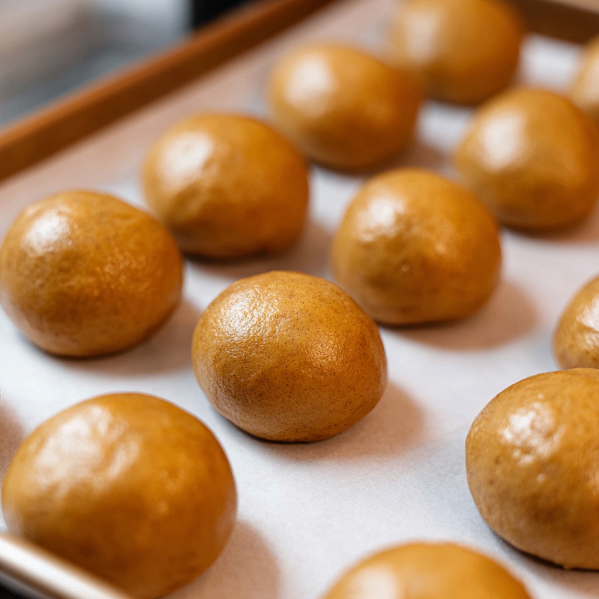 Healthy Tiramisu Cookies Recipe In 30 Minutes 12 A tray of perfectly round, smooth tiramisu cookie dough balls arranged on parchment paper, ready to be baked into delicious cookies.