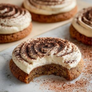 Healthy Tiramisu Cookies Recipe In 30 Minutes 19 A tiramisu cookie with a bite taken out, showcasing its soft, chewy texture and the creamy filling with a swirl of cocoa powder on top, placed on parchment paper alongside other cookies.