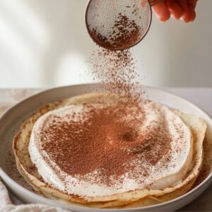 Tiramisu Crepe Cake Recipe | Easy 6-Step Guide 16 A hand gently sifting cocoa powder over layers of mascarpone cream and crepes. The cocoa powder is being evenly dusted onto the cream.